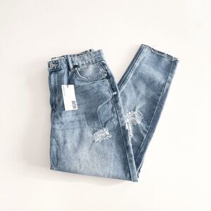 Refuge Denim Womens High Rise Distressed Ripped Raw Hem Mom Jeans Blue Sz 9 NWT